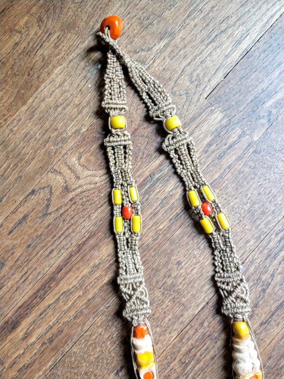 Macrame statement necklace 70's orange beaded han… - image 6