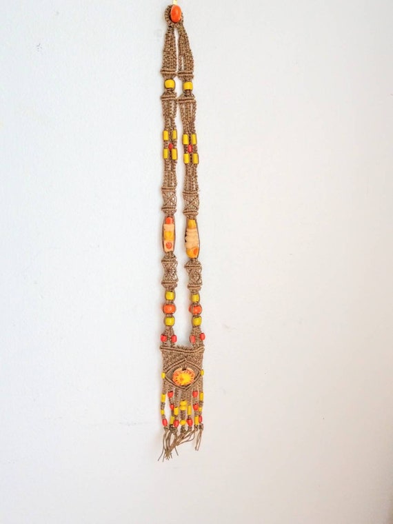 Macrame statement necklace 70's orange beaded han… - image 4