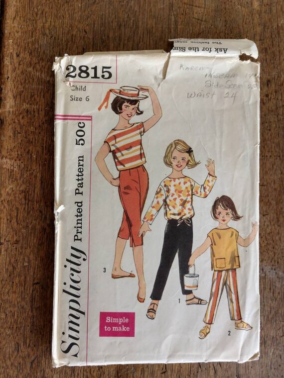Sewing Pattern 1960 s Girls Top Pants Size 6 Simplicity 2815
