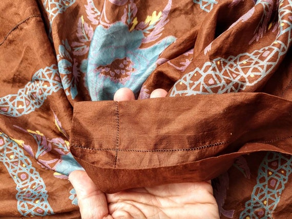 Hand printed silk scarf brown blue square floral - image 5