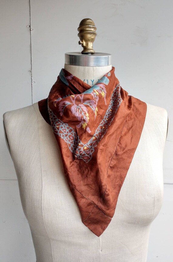 Hand printed silk scarf brown blue square floral - image 6