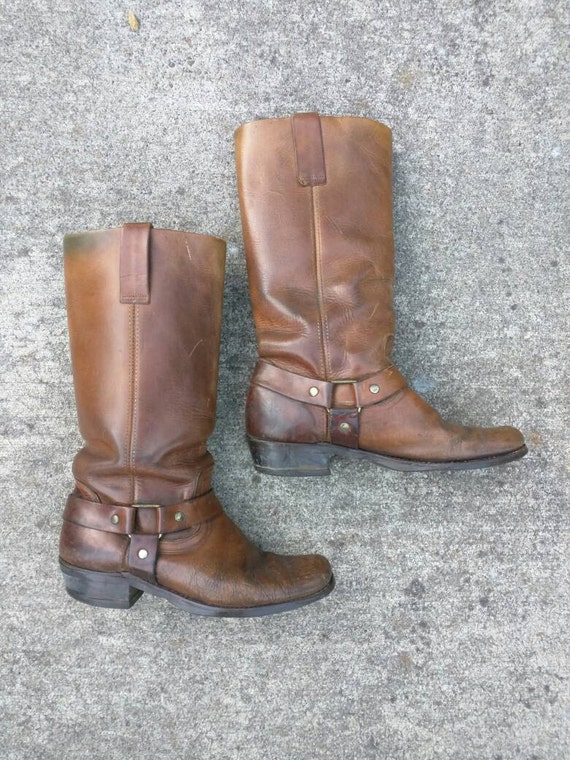Vintage harness engineer boots brown leather harness ring boots