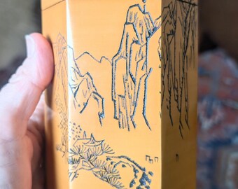 Contenitore per il tè in bambù con scena intagliata, scatola esagonale cinese