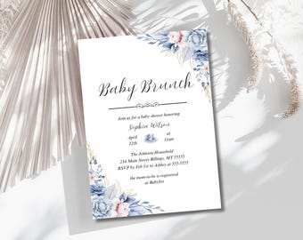 Franse Toile babyshower tea party uitnodiging stoffige blauwe babybrunch uitnodiging Chinoiserie babyshower bewerkbare coquette Vintage Floral Evite