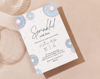 Blauwe donut babyshower uitnodiging Donut baby strooi uitnodigen bestrooid met liefde Donuts jongen babyshower uitnodigen bewerkbare afdrukbare uitnodiging