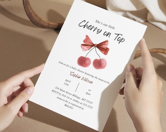 Kers op top babyshower uitnodiging bes zoete baby strikjes kers uitnodigen coquette kersen uitnodigen bewerkbare digitale sjabloon meisje