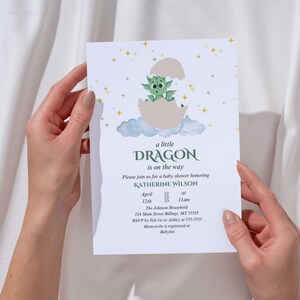 Little Dragon Baby Shower Invitation Green Baby Dragon Invite Gender Neutral baby shower invitation Editable Printable Invitation evite