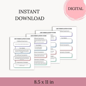 May include: Four printable worksheets titled "CBT Formulation Guide: Childhood Experiences". Each worksheet has sections for "Core Beliefs", "Conditional Assumptions", "Compensatory Strategies", and "Situational Assumptions". The worksheets are 21.6 cm by 27.9 cm.