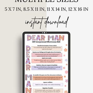 Puede incluir: Una impresión digital con el texto "DEAR MAN" en letras coloridas, que describe la habilidad de efectividad interpersonal DBT. La impresión incluye instrucciones sobre cómo comunicarse eficazmente, con opciones de tamaño de 12,7x17,8, 21,6x27,9, 27,9x35,6 y 30,5x40,6 cm.