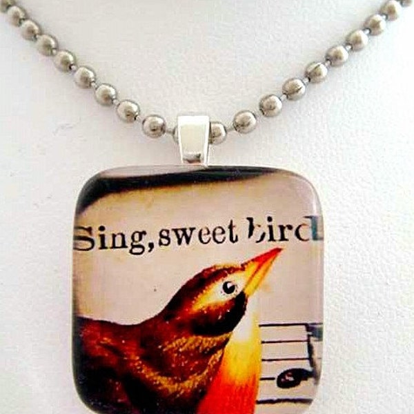 BUY 2 - GET 1 FREE Handmade Recycled Glass Image Pendant with 18 inch Ballchain Necklace - ALTERED SING SWEET BIRD