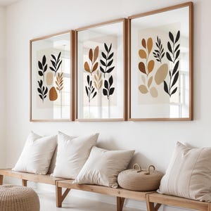 Botanical Leaf Print Set: Ochre Beige Black, Scandi Wall Art (Digital Download)