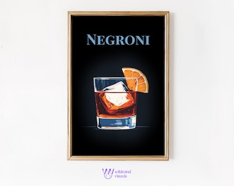 Impression cocktail Negroni rétro : oeuvre d'art élégante pour chariot de bar (téléchargement numérique)