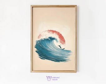 Japandi Surf Art Print: Minimalist Japanese Wave (Digital Download)