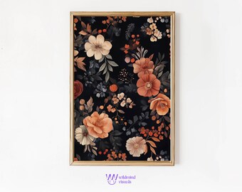 Dunkle Florale Wandkunst – Eleganter Blumenprint mit warmen Farbtönen auf schwarzem Hintergrund.
