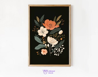 Dunkle Botanische Wandkunst – Blumenprint mit Vintage-Blumen auf schwarzem Hintergrund. Perfekt für Dark Floral Lovers.
