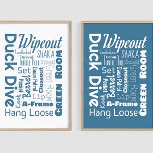 Set of 2 Surfer Collage – Trendy Surf Wall Art. Blue Typography Artwork. Essential Surfing Terms and Expressions.