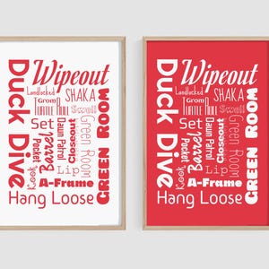Set of 2 Surfer Collage – Trendy Surf Wall Art. Red Typography Artwork. Essential Surfing Terms and Expressions.