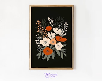 Dunkle Botanische Wandkunst – Blumenprint mit Vintage-Blumen auf schwarzem Hintergrund. Perfekt für Dark Floral Lovers.