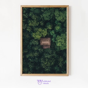 Pode incluir: Uma vista aérea de uma pequena casa de madeira marrom aninhada no meio de uma floresta verdejante.