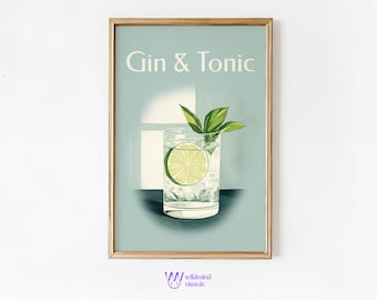 Gin & Tonic Retro Print: Minimalist Cocktail Art (Digital Download)