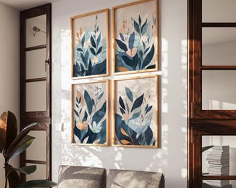 Botanical Wall Art Set: Minimalist Blue & Orange Nature Prints (Digital Download)