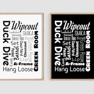 Set of 2 Surfer Collage – Trendy Surf Wall Art. Typography Artwork Featuring Essential Surfing Terms and Expressions.
