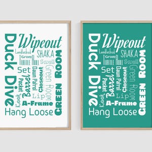 Set of 2 Surfer Collage – Trendy Surf Wall Art. Green Typography Artwork. Essential Surfing Terms and Expressions.