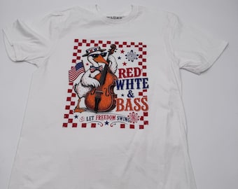 Red White & Bass Upright Bass Shirt, Patriotic Jazz Musician Tee, Double Bass Player Gift, Let Freedom Swing Music T-Shirt