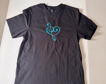 Bass & Treble Clef Heart Embroidered Shirt – Black Music Tee for Musicians and Music Teachers