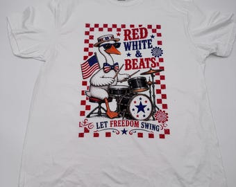 Red White & Beats Drum Shirt, Patriotic Drummer T-Shirt, Drum Set Tee, Music Lover Shirt, Let Freedom Swing Tee