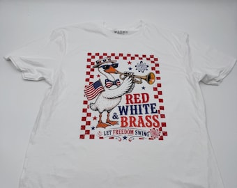 Red White & Brass Trumpet Shirt, Patriotic Music T-Shirt, Brass Player Tee, Trumpet Lover Shirt, Let Freedom Swing Tee