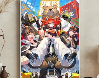 May include: A colorful illustration featuring a group of characters, including a bear wearing a white lab coat, a red-haired character with a green and black outfit, and a character with black hair and a blue and white outfit. The illustration includes the text "Zenless Zone Zero" and "Safety is Key".