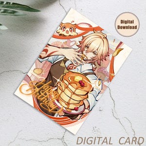 May include: Digital birthday card with an anime-style illustration of a character holding pancakes. The card has the text "Happy Birthday" in gold script and the words "Digital Card" at the bottom. A small cartoon animal is also present.