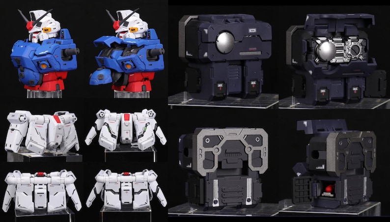 Puede incluir: Colecci&oacute;n de kits de modelos detallados, incluyendo cabezas de robots en azul, rojo y blanco, y varios componentes mec&aacute;nicos en blanco, gris y negro. Los kits se exhiben sobre soportes transparentes.