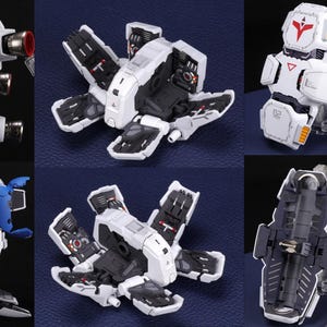 Puede incluir: M&uacute;ltiples vistas de un modelo de robot blanco y azul con detalles amarillos y rojos. El robot se muestra en varias poses y configuraciones, incluida una forma desmontada. El modelo tiene detalles intrincados y un dise&ntilde;o futurista.