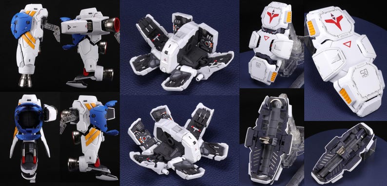 Puede incluir: M&uacute;ltiples vistas de un modelo de robot blanco y azul con detalles amarillos y rojos. El robot se muestra en varias poses y configuraciones, incluida una forma desmontada. El modelo tiene detalles intrincados y un dise&ntilde;o futurista.