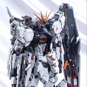 May include: A detailed model of a white, black, and orange mecha robot. The robot has intricate paneling and design, with a large shield on its back. The head features orange accents and a V-shaped antenna. The model is set against a white background.