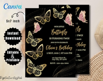 Invitación de cumpleaños de mariposa: Plantilla para fiesta de niña (Descarga digital)