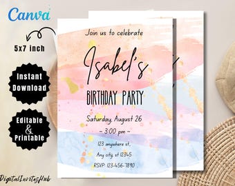 Rainbow Birthday Invitation: Ombre Watercolor, Gold Glitter (Digital Invite)