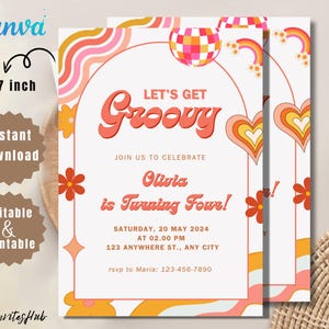 Editable Groovy Birthday Party Invitation Let&#39;s Party Birthday Boho Retro Flower Power 70&#39;s Girl Pink Download Template