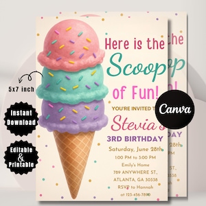 Editable Ice Cream Birthday Invitation, Here&#39;s the Scoop Party Invite, Sweet Ice Cream Theme, Pink Purple Gold Girl Birthday