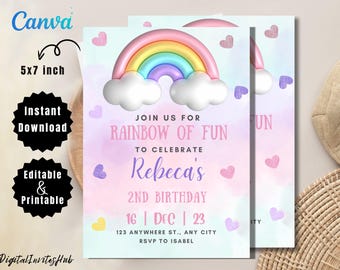 Invitación de cumpleaños arcoíris: rosa, dorado y nubes (13 x 18 cm) (descarga digital)