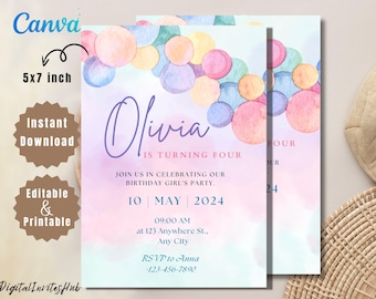 Pastel Rainbow 1st Birthday Invitation: Girl Balloon Arch (PDF)