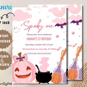 Pink Halloween Birthday Invite, Pink Halloween Party Invitation, Cute Halloween Invite, Spooktacular, Ghosts, Stars, Kids, Pumpkin, DIGITAL