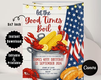 Fourth of July Crawfish Boil Invitation: Editable Seafood Template (5x7, Digital Download
