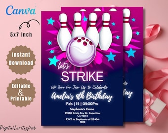 Editable Bowling Birthday Invitation, Let's Strike Up Some Fun, Printable or Digital Invitation