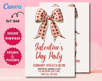 May include: A Valentine's Day party invitation with a cream background and a large bow adorned with red hearts. The text "Galentine's Day Party" is in red script, with event details below. The invitation is 5x7 inches.