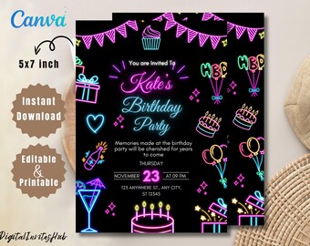 May include: A neon pink and blue birthday party invitation with the text "You are Invited To Kate's Birthday Party" on a black background. The invitation includes a neon pink cake with candles, a neon blue cupcake, and neon pink and blue balloons.