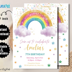Rainbow Birthday Invitation, Pastel Rainbow Invitation, Editable Kids Birthday Invites, 5x7 Canva
