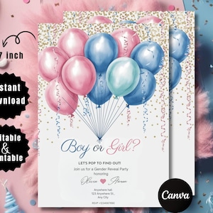 Ballon Minimalist Gender Reveal druckbare Einladung, Minimal He oder She Gender Reveal elektronische Einladung, digital bearbeitbare Canva-Vorlage